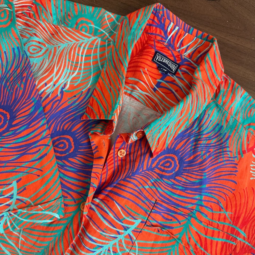 Vilebrequin Shirt Orange Peacock Feather Linen Tie Tunic Top Women's XS Read